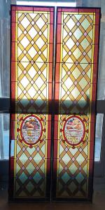 pan316 - n. 2 antine liberty in vetro colorato, da restaurare, cm l 87 x h 146 